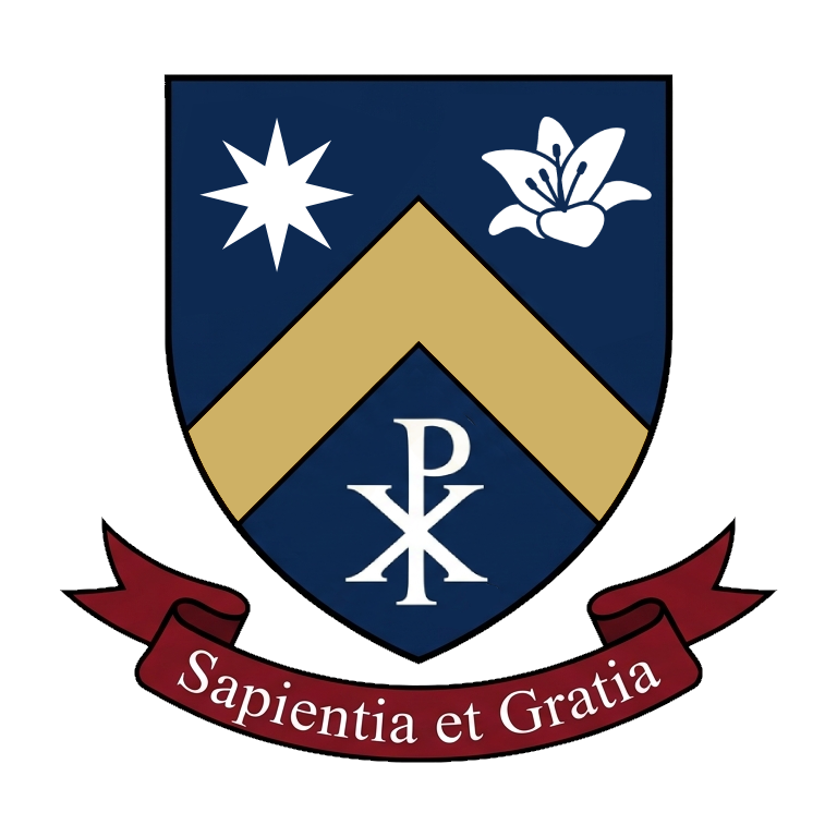 Holy Family School Oxford crest: a navy shield with a gold chevron, a white eight-pointed star and a white lily above it, and a white Chi-Rho beneath, over an oxblood scroll reading Sapientia et Gratia